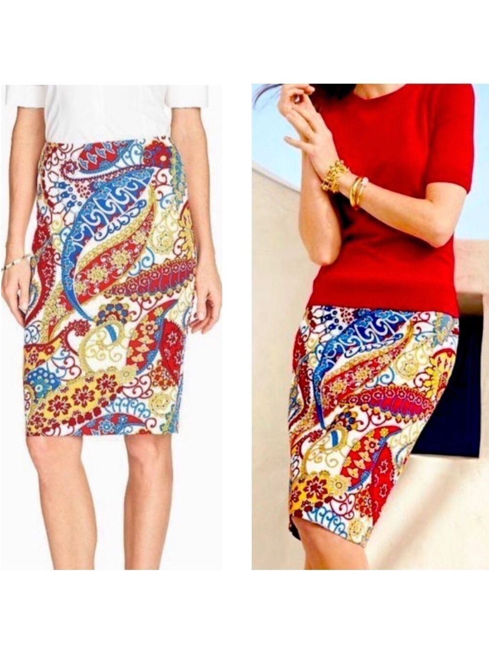 Talbots red blue yellow paisley swirl print canvas pencil skirt Sz 8P NWOT